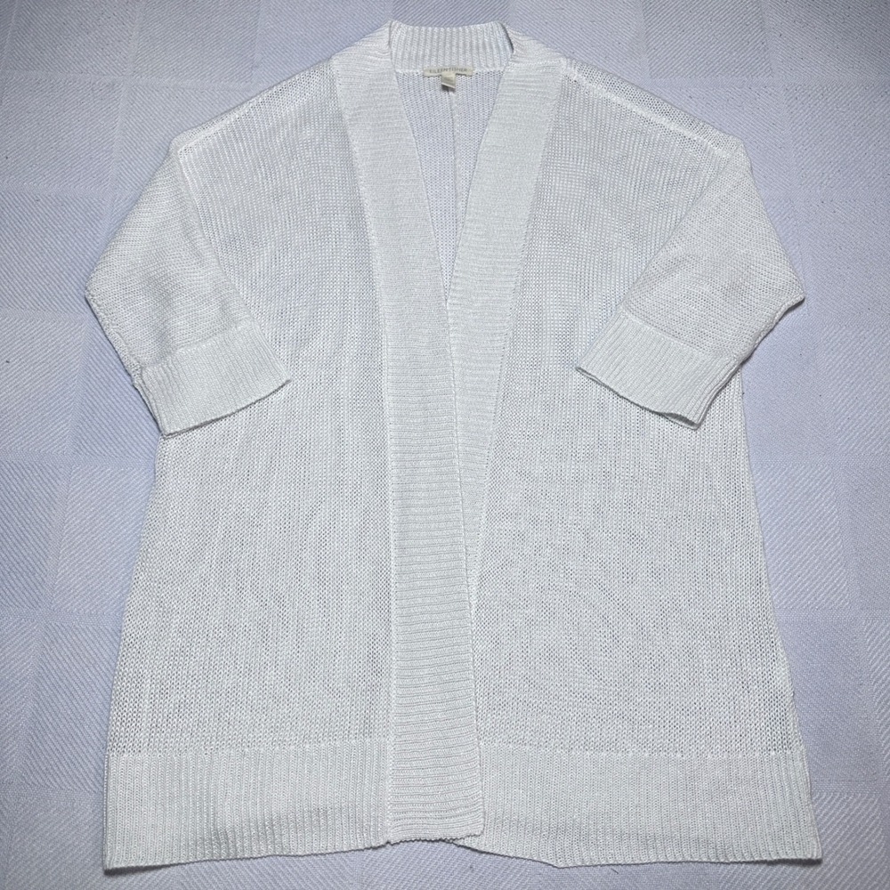 Eileen Fisher Cardigan Womens XS Open Front Knit Minimalist 3/4 Sleeve White